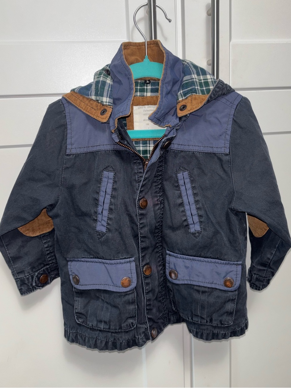 Zara BabyBoy Navy and Tan Hooded Kids Jacket with Plaid Lining Size 18-24 Months